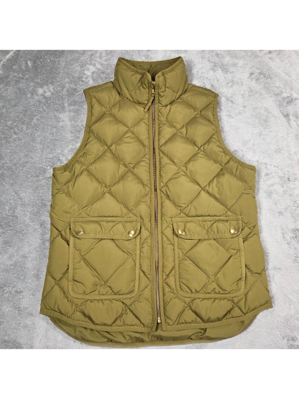 J Crew Vest Womens Small Olive Green Down Quilted Puffer Excursion Gold Zip